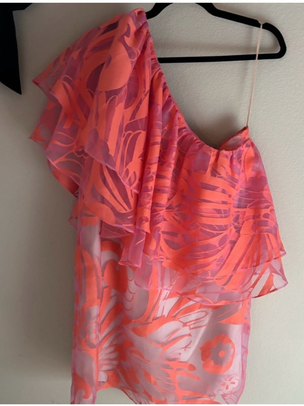 Trina Turk Coral and Pink One-Shoulder Ruffle Camisole